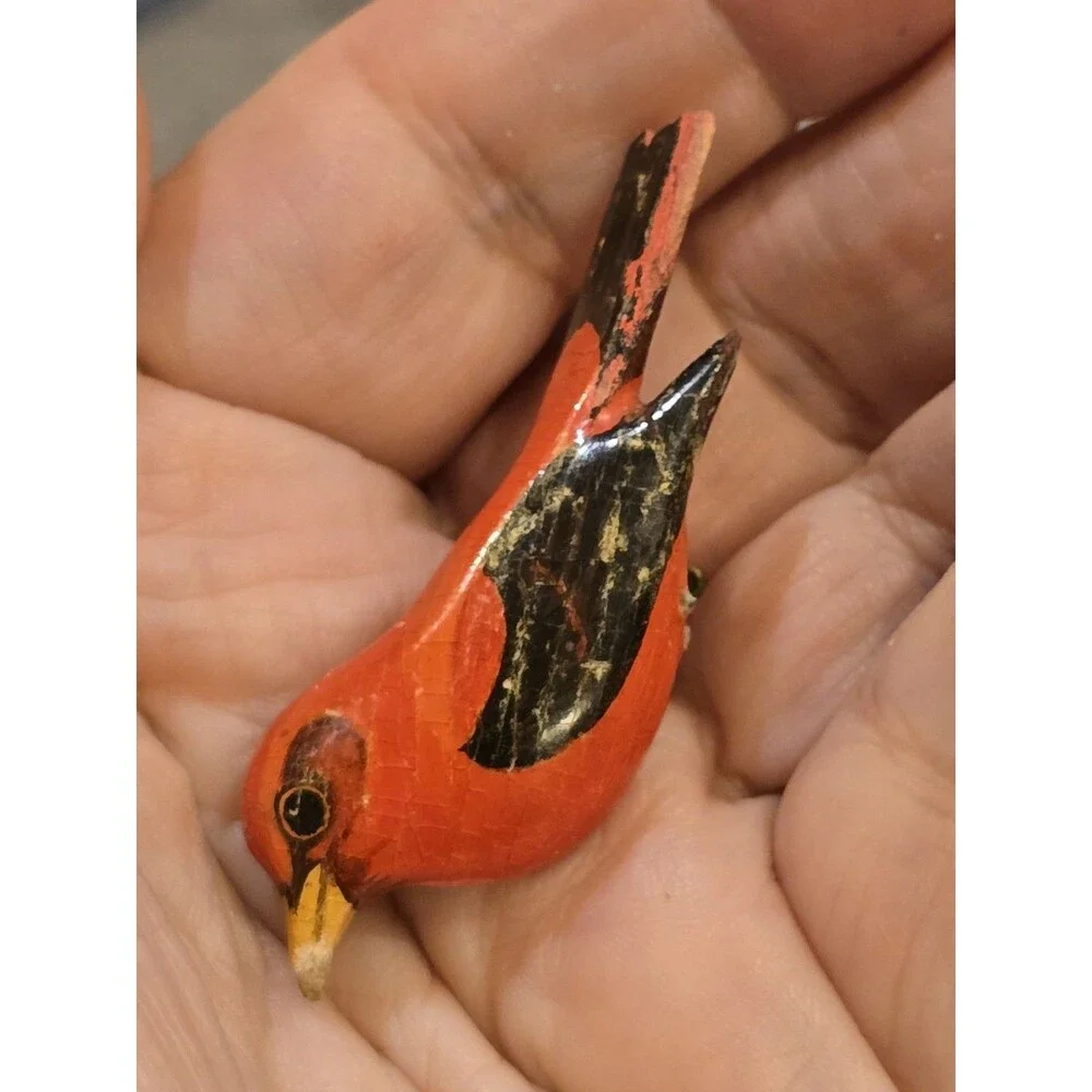 Vintage Hand Painted Red Bird Brooch Wood Bird Pin Folk Art Cardinal Style #1353